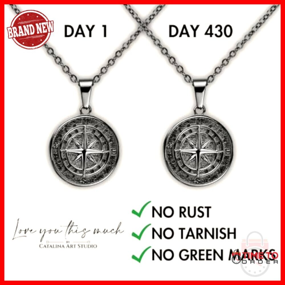 Men's 316L Steel Compass Necklace, 22-Inch Chain, Romantic Gift for Boyfriend - Picture 4 of 7